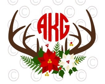 Circle Monogram Christmas Wreath, Poinsettia SVG cut file, Deer Antler Monogram SVG, HTV Designs, Svgs for Cricut & Silhouette