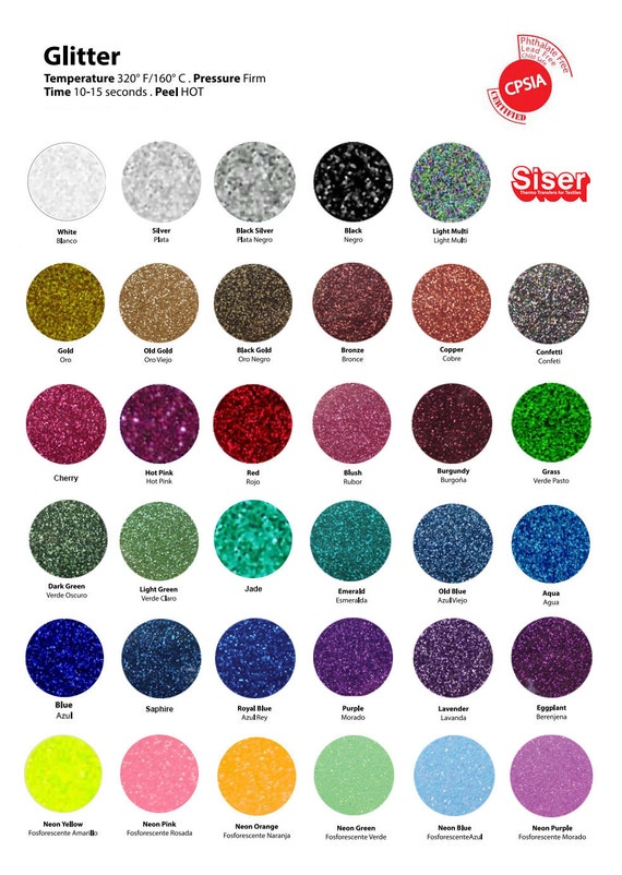 Siser Glitter HTV All Colors Pack 35 Colors with size