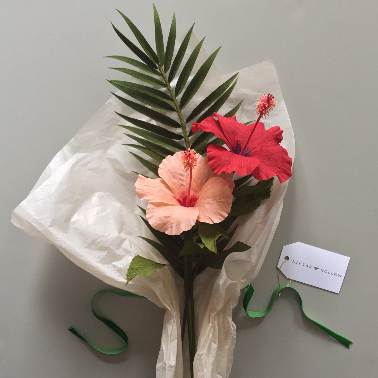 Crepe Paper Tropical Bouquet Hibiscus and Palm Frond Paper