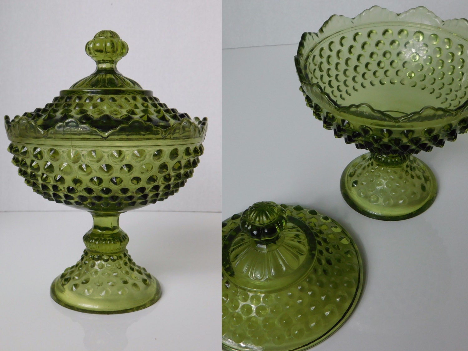 1969 Fenton Colonial Green Hobnail Candy Dish with Lid Footed Pedestal Depression Glass Complete