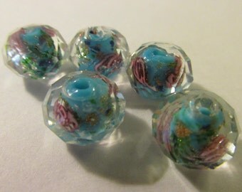 Multi-Faceted Turquoise Blue Lampwork Beads with Pink Roses, 12mm, Set of 5