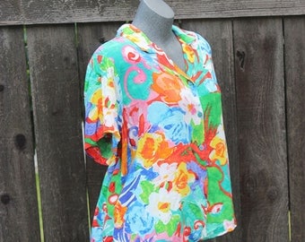 Vintage Button Up Blouse, Jams World, Hawaiian Print, Green, Orange, Floral, 90's, Button Down Shirt, Made in the USA, Plus Size, Size XL