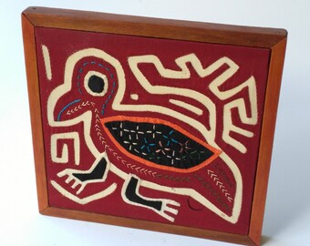 Vintage Framed Mola Art Bird Hand Stitched Reverse Applique Embroidered Panamanian Columbian