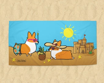 Corgi Beach Party Beach Towel | 30x60 or 35x60 in Printed Terrycloth | Welsh Corgi Summertime Fun | MADE TO ORDER