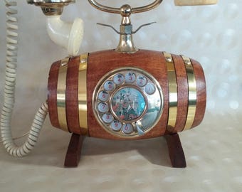 Wood Barrel, Dial Telephone | Rotary Phone, Man Cave, Rare, Vintage, Dad gift, cradle phone, collectable, man cave, Novelty telephone