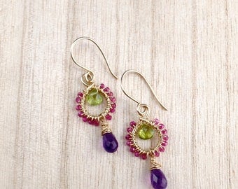 Amethyst peridot earrings – Gold earrings – Mothers Day gift – Colourful earrings – Amethyst briolette earrings - Wire wrapped jewellery