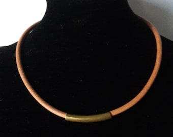 Men's leather choker, Natural leather and copper tube necklace,