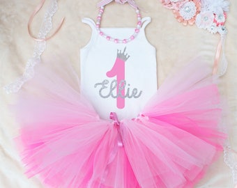 Personalised 1st Birthday Baby Girls Outfit Set Pink Tutu Silver Glitter Print White Vest Bodysuit Onesie