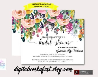 DIY Watercolor Floral Bridal Shower Invitation Template, Printable Floral, Bachelorette Party, Editable Flower Invite,Instant Download PDF