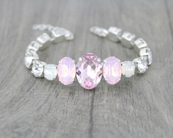 Bridal bracelet, Pink opal bracelet, Swarovski bracelet, Wedding jewelry, Crystal bracelet, Pink Crystal bracelet, Cuff bracelet, White opal