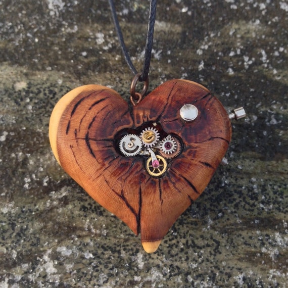Steampunk Heart - wooden heart necklace, clockwork heart, steampunk heart pendant, pyrography pendant, wood burned necklace, wood jewelry by IonaWoodArt steampunk buy now online