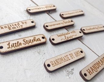 25 Personalised Sew On Wood Tags - Custom Logo Wooden Tags - Knitting Tags Stitching Crotchet Sewing Tags Crafter Tags - Your Logo or Design