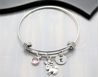 Personalized Rabbit Bracelet - Easter Gift - Little Girl Bangle Bracelet - Silver Bunny Bracelet - Adjustable Bangle