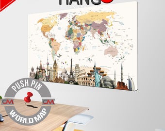 Push Pin, World Map, Push pin World map, World Map Canvas, World Map wall art, World Map Print, Map of the World, Canvas World Map, Split
