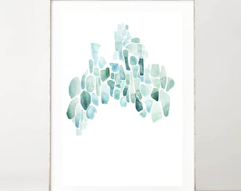 Abstract Watercolor Print, Minimalist, Set of Watercolor Prints, Green & Blue, Modern Prints, Sea Glass, Wall Decor, Beach House, Coastal