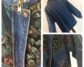 Vintage Denim Jacket 80's tapestry zip front appliqué jewel tones Punk S