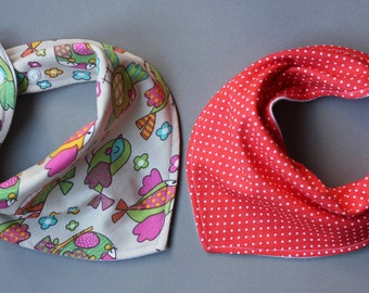 White polka dot bib, Cotton bib set, Cotton bibs, Soft cotton bib, Birds bandana bib, Soft bandana bib, Scarf baby bib, Baby scarf, Red bibs