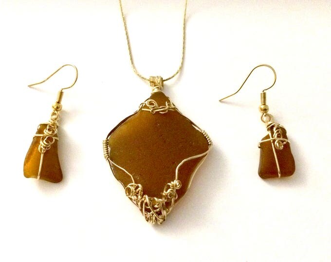 14K Gold - wire wrap - Brown Amber - Beach Glass - Necklace & Earrings - Mothers Day Gift. Gift for Her. Special Gifts. Beach Glass Jewelry