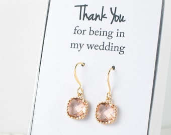 Peach Gold Earrings, Gold Peach Square Earrings, Champagne Gold Earrings, Blush Gold Earrings, Bridesmaid Jewelry, Blush Wedding Jewelry
