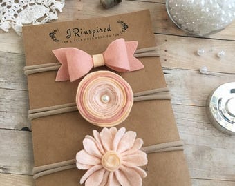 Baby Felt Headband, Wool Blend Felt, Baby Headband, Felt Bow, Alligator Clip, Felt Daisy, Peach, Orange, Tan
