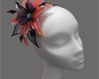Mother of the bride navy & coral diamanté sinamay fascinator, made to order, wedding, bridesmaid headpiece, comb slide, headband, aliceband