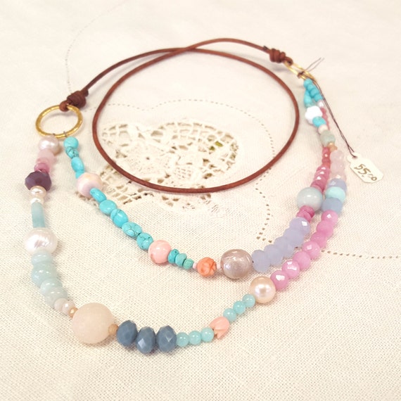 Items similar to Long gemstone necklace, Leather cord necklace, Multi