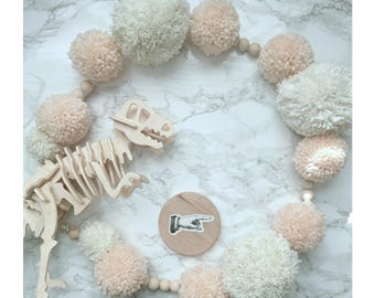 Nursery Decor, Pom Pom Garland, Wooden Beads Garland, Peach Garland, Baby Shower Decorations, Baby Girl Bedroom, Party Decor