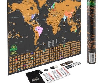 Scratch Off World Map Poster with US States and Country Flags – Track your Adventures! – By Earthabitats