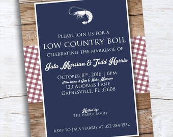 Wedding Shower Invitation - Low Country Boil - BBQ - Blue Red Gingham Invite - Couples Shower Invitation - Old Fashioned Picnic Invite
