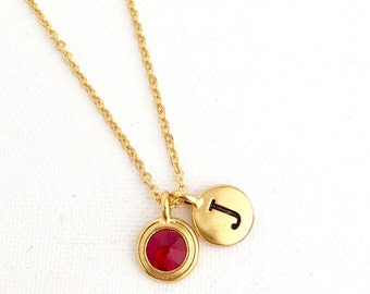 Birth Month Necklace - Ruby Necklace - July Birthstone Necklace - Initial Necklace, Personalized Necklace, Birthstone Jewelry, July Birthday