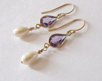 Amethyst Gemstone Teardrop Earrings, Freshwater Pearl Drop, Goldfilled Earrings