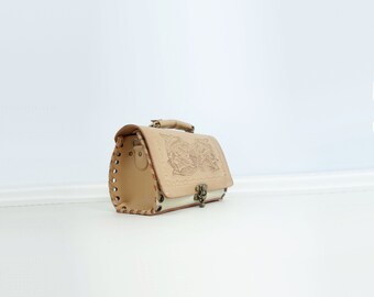 90s Top Handle Bag Faux Tooled Leather Vintage Barrel Bag 90s Linen Box Purse Tooled Leather Bag Faux Leather Box Bag 90s Vintage Handbag
