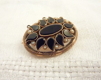 Antique Victorian 14K Jet Seed Pearl Brooch