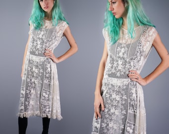 20s Lace Dress White Sheer Dressing Gown Embroidery on Net 1920s Dress Tambour Lace Dress