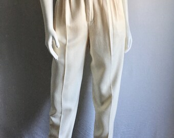 Vintage Women's 80's High Waisted, Cream, Silk Pants, Tapered Leg by L. Bates (S/M)