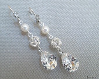 Pearl Earrings, Bridal rhinestone Earrings, Bridal stud Earrings, swarovski pearl earrings, Wedding Pearl Earrings, dangle earrings, MARIBEL