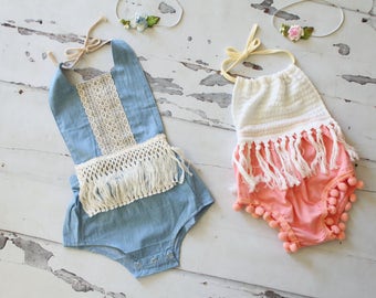 Boho Style Pom Pom Romper & Headband. Chic Chenille Pink or Blue Lace. Newborn Baby Girl Coming Home Outfit, 1st Birthday Outfit, Summer Set