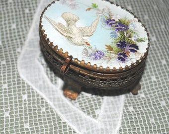 Antique French TRINKET BOX DOVE & Violets Flowers