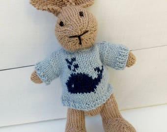 Toby the Hand Knitted Bunny Rabbit Toy with Pale Blue Jumper with a Whale on the Front