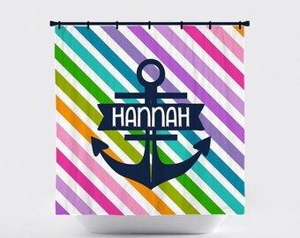 Shower Curtain, Horizontal Stripe, Striped, Preppy, Nautical, Anchor, Rainbow Stripes