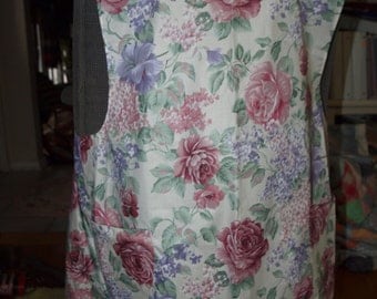All cotton Japanese style apron; cross back; Roses & lilacs fabric; cotton XXL