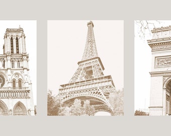 Paris' Most Famous, Trio of Vintage Style Sepia Prints, Notre Dame, Eiffel Tower & Arc d'Triomphe, 5x7 or 8x10s