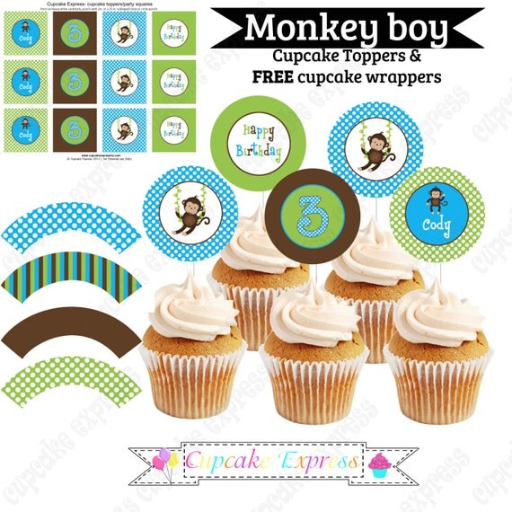 Monkey Cupcake Toppers PRINTABLE Birthday party Decor Cupcake