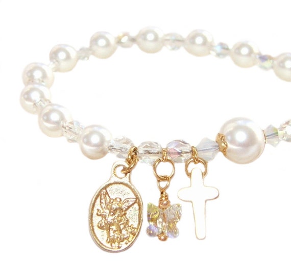 Rosary Bracelet for Girl White Pearls & Crystals / Catholic