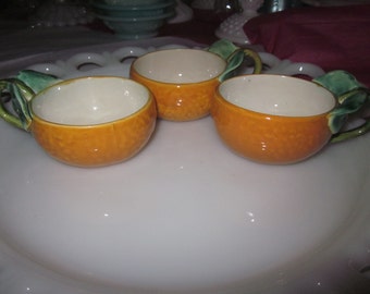 3 French Sarreguemines Majolica Cups for Tea Espresso Demitasse Coffee Oranges Faience Francedemitasse charming,tabletop,replacement
