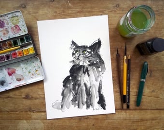 Black Cat Print: Cat Art Print - Small Unframed Print - Watercolour Animal Art - Giclee Fine Art Print - Wall Decor - Cat Painting