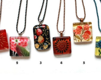 Cute Fabric Scrap Glass Tile Pendant, Glass Tile Necklace, Flower Necklace