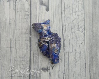 Lavender Garden Goddess, Swirls and flowers Lampwork Focal Bead, purple, blue, gold