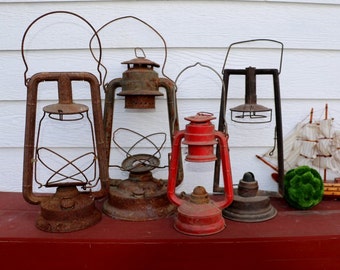Set of 4 Rare Antique Rusty Lanterns -Display - Primitive - Rusty Metal - Shabby Chic - Wedding Decor - Rustic Lantern - Dietz - CT Ham CO