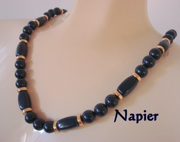 Vintage Retro Napier Navy Goldtone Lucite Bead Necklace Designer Signed Retro Jewelry Jewellery
